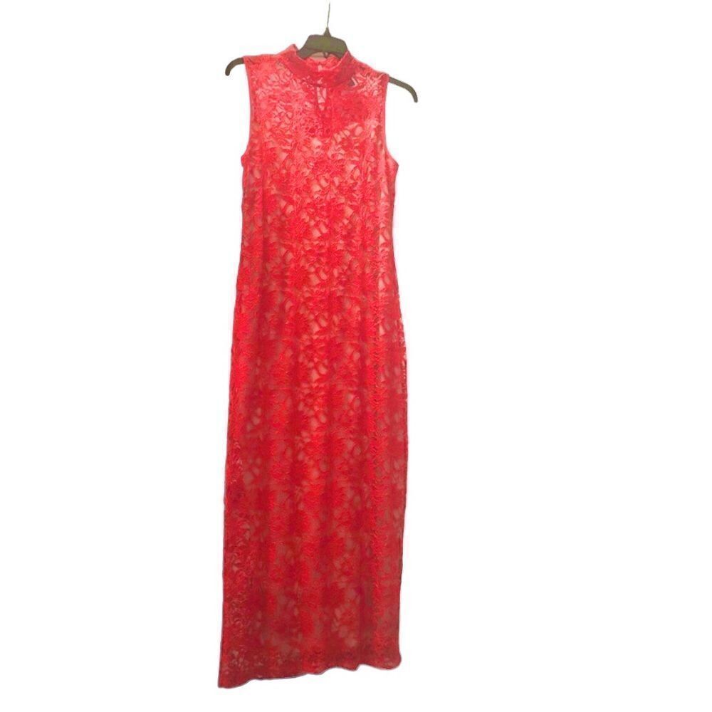 CANDALITE Red Sleeveless Lace and Nude Lining Fitted Maxi Dress Size: Large